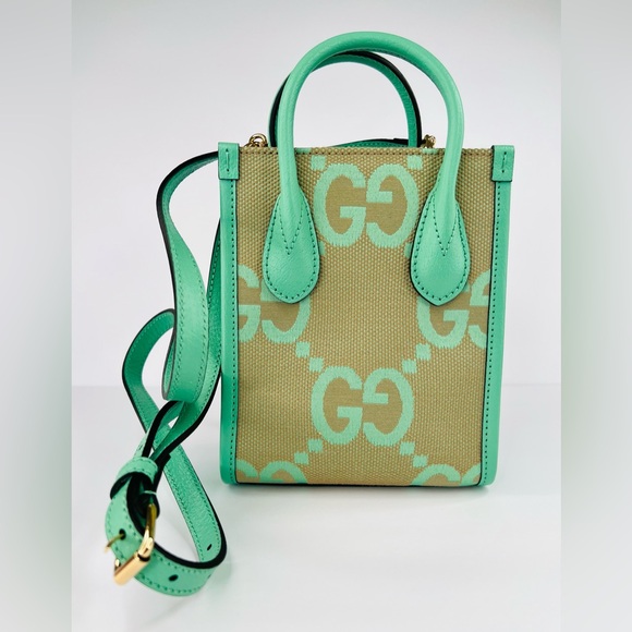 GUCCI Monogram Jumbo GG Supreme Dollar Logo Pepper Mint Calfskin Mini Tote Bag